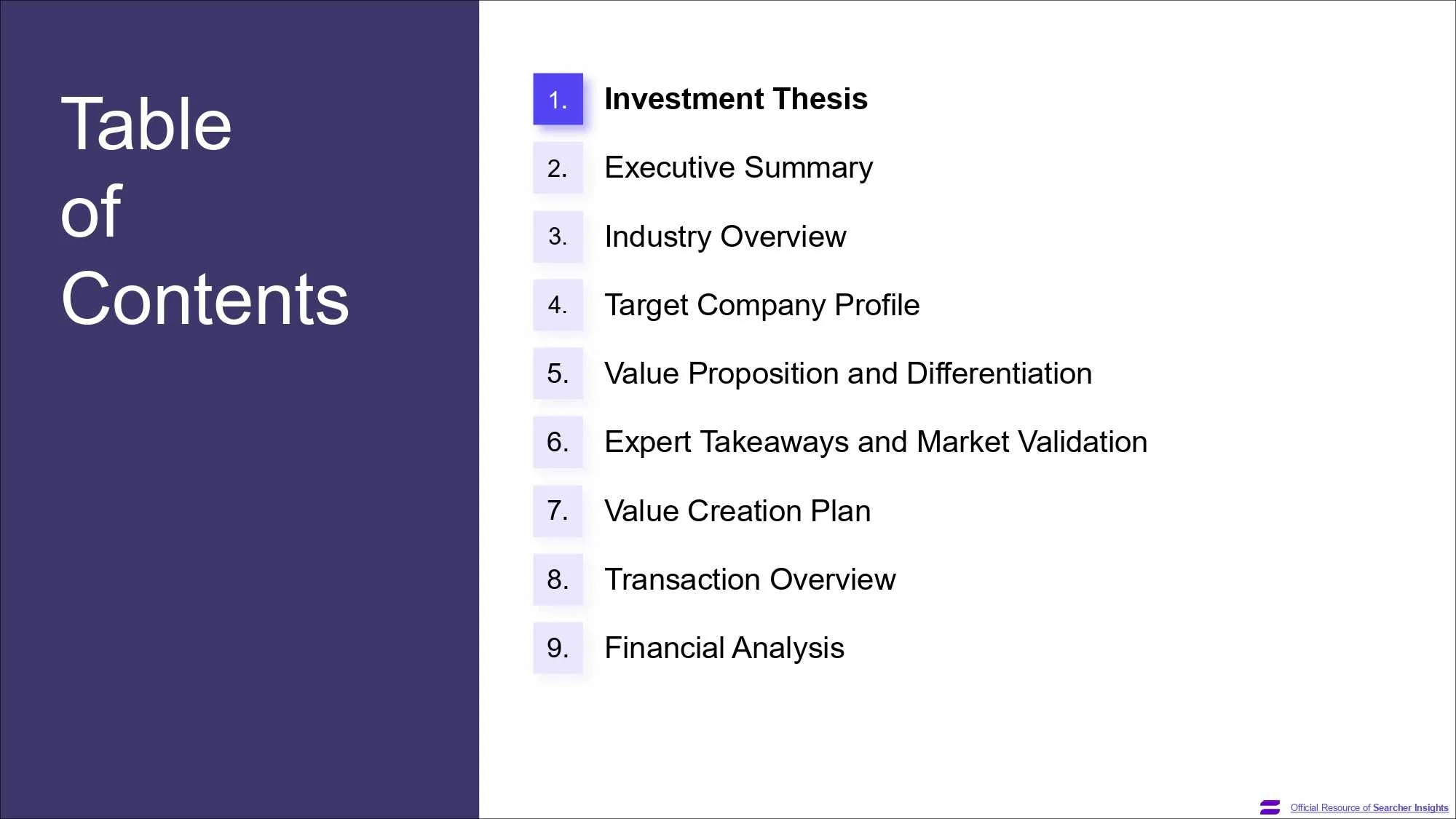 A page of the Search Fund Pitch Deck template, created by Searcher Insights