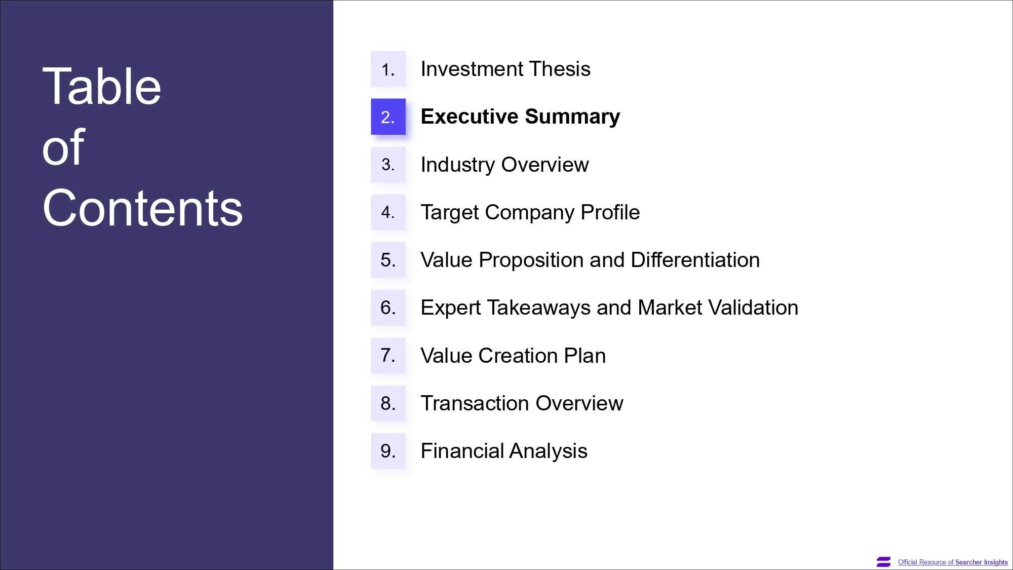 A page of the Search Fund Pitch Deck template, created by Searcher Insights