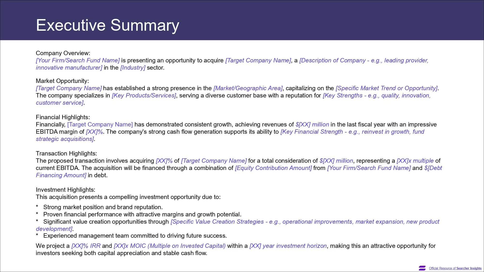 A page of the Search Fund Pitch Deck template, created by Searcher Insights
