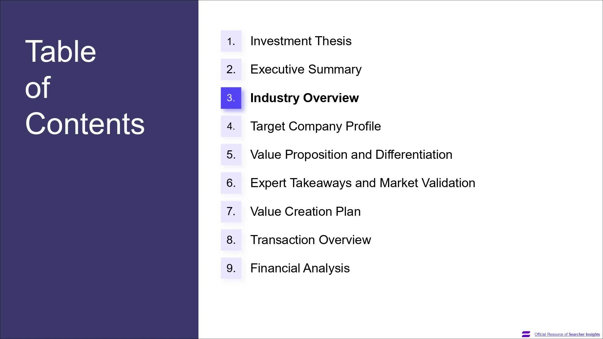A page of the Search Fund Pitch Deck template, created by Searcher Insights