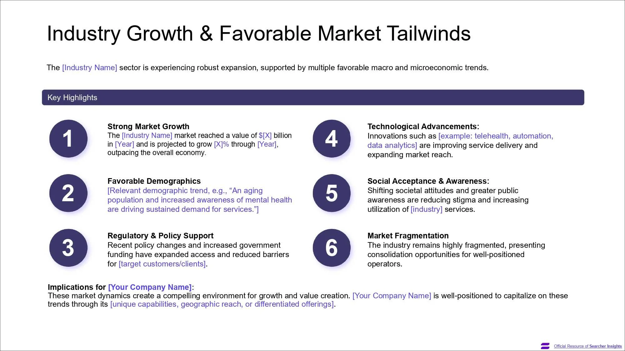 A page of the Search Fund Pitch Deck template, created by Searcher Insights