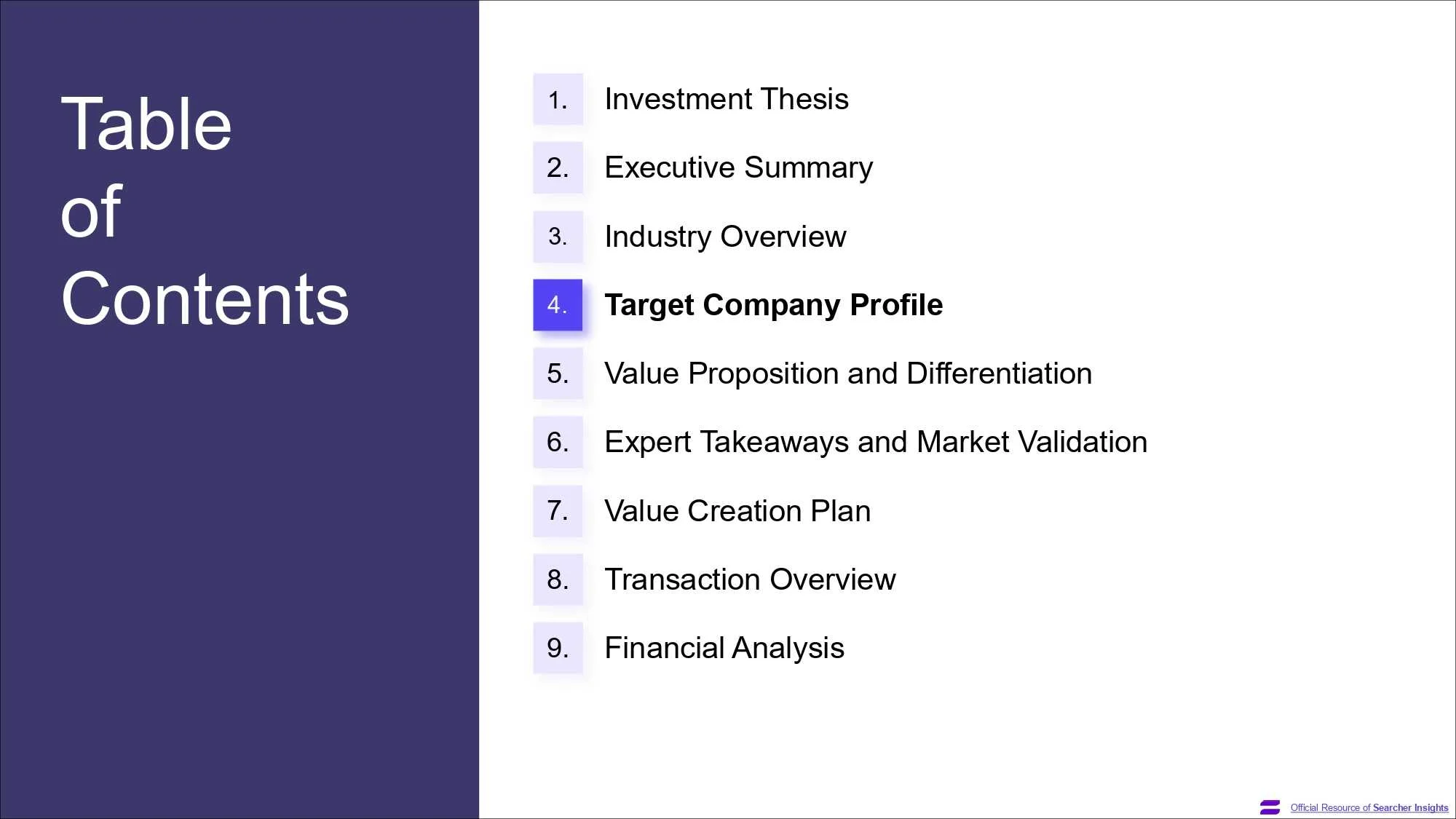 A page of the Search Fund Pitch Deck template, created by Searcher Insights