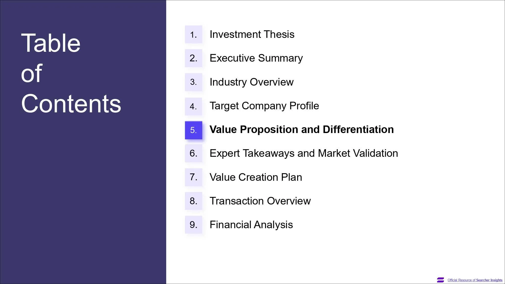 A page of the Search Fund Pitch Deck template, created by Searcher Insights