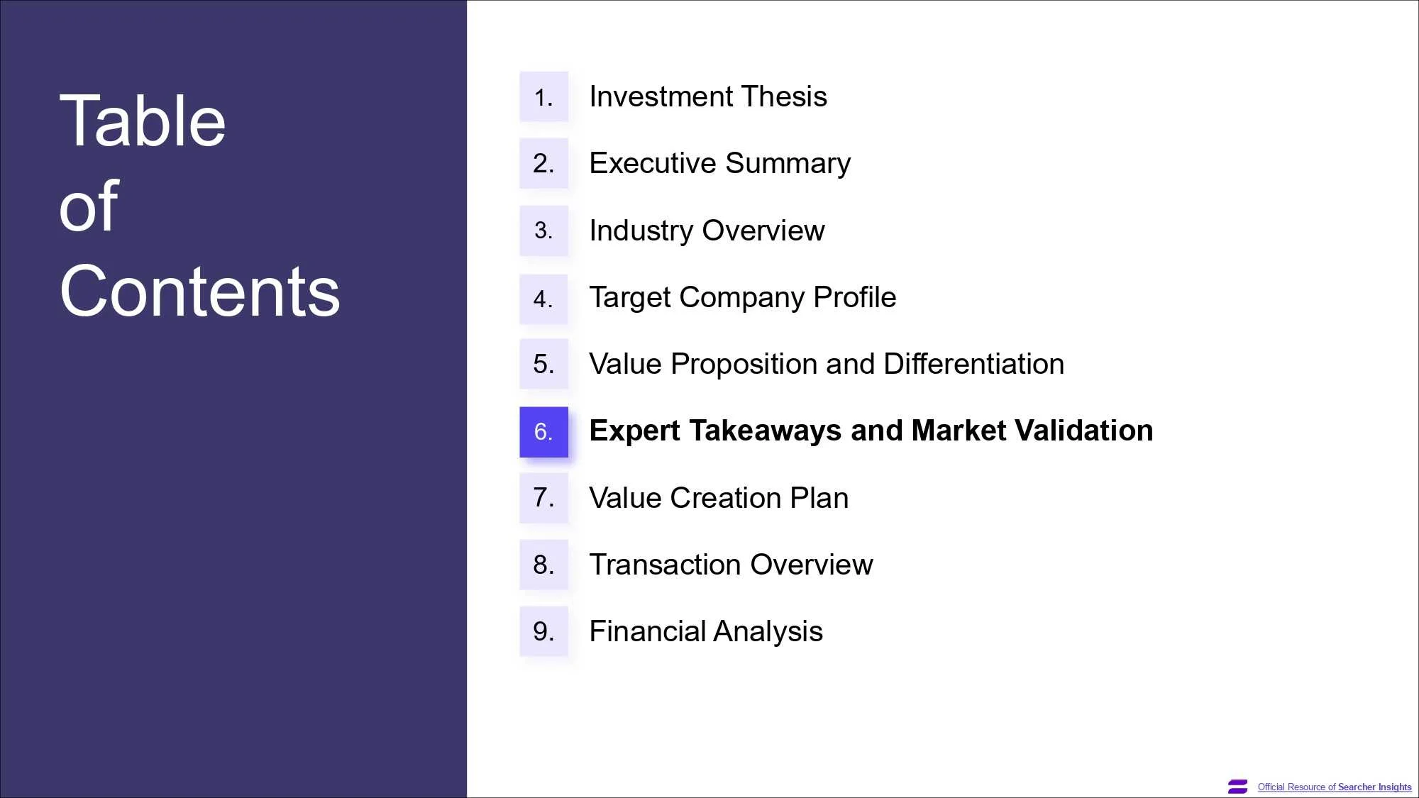 A page of the Search Fund Pitch Deck template, created by Searcher Insights