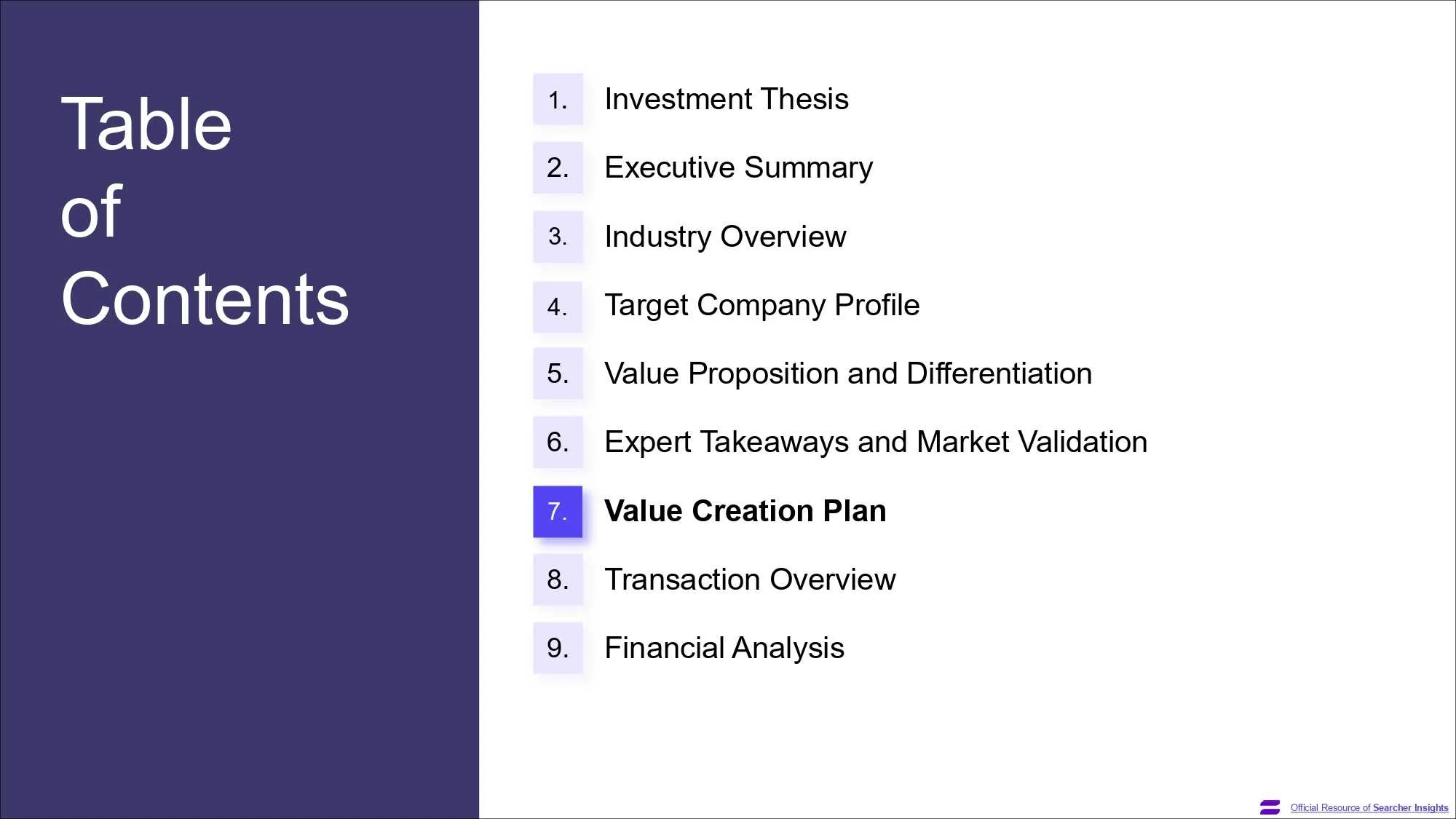 A page of the Search Fund Pitch Deck template, created by Searcher Insights