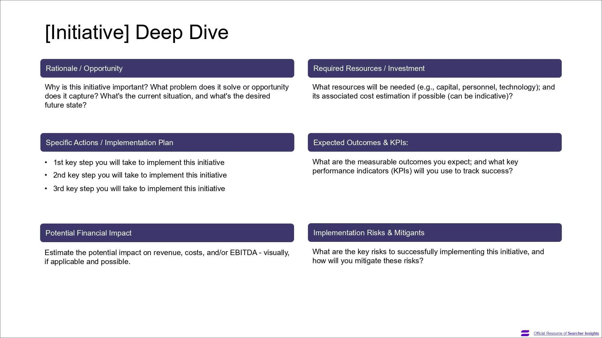 A page of the Search Fund Pitch Deck template, created by Searcher Insights