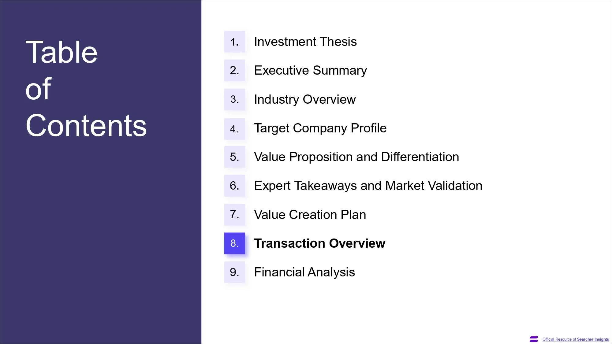 A page of the Search Fund Pitch Deck template, created by Searcher Insights