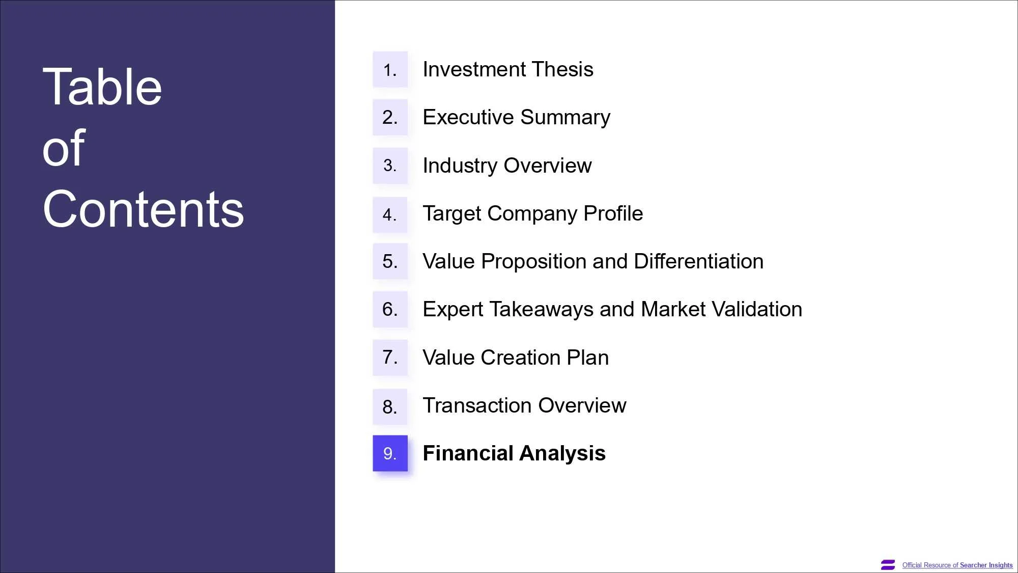 A page of the Search Fund Pitch Deck template, created by Searcher Insights
