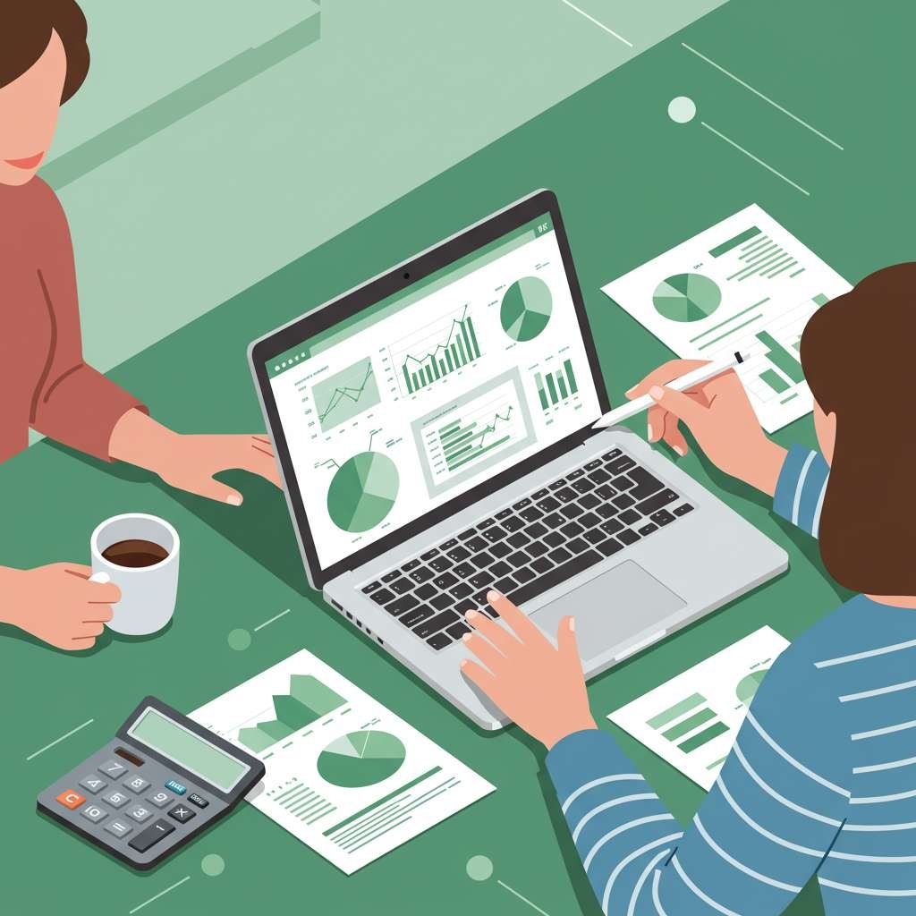 Two colleagues using search fund accounting tools, analyzing financial charts on a laptop and documents, with a calculator nearby.