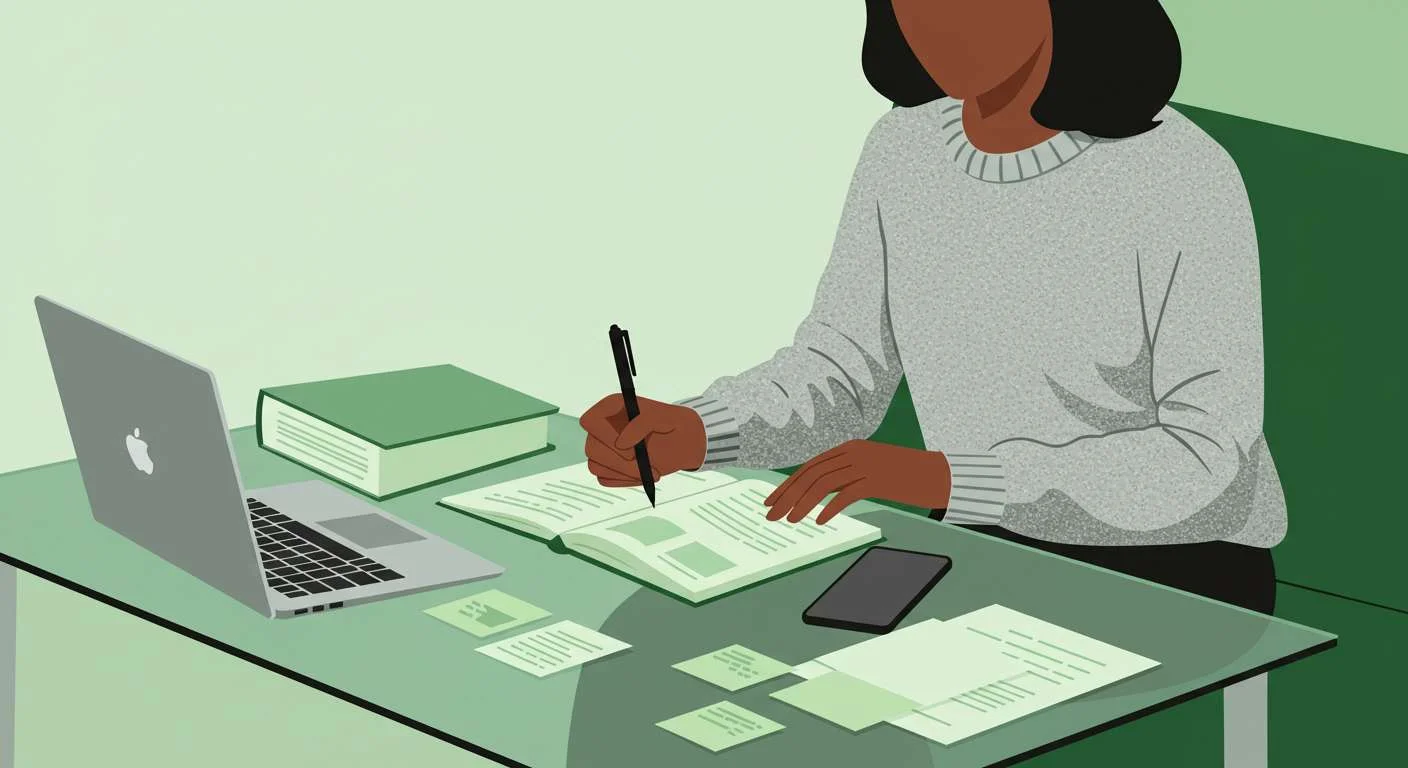 Professional managing search fund administrative tasks at a desk with a laptop, notebook, smartphone, and documents, highlighting organizational tools.