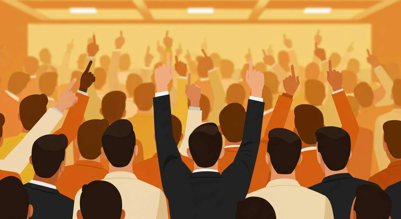 A group of businessmen raising their pointing fingers up towards the room's ceiling, symbolizing search fund entrepreneurs bidding for a business at sale.