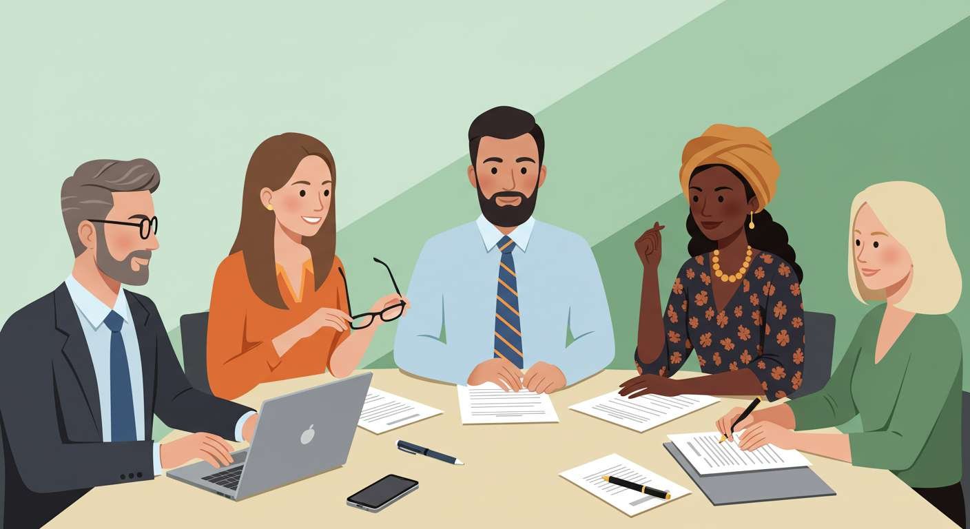 Diverse team utilizing search fund communications tools during a search fund meeting, gathered around a table with laptops and documents.