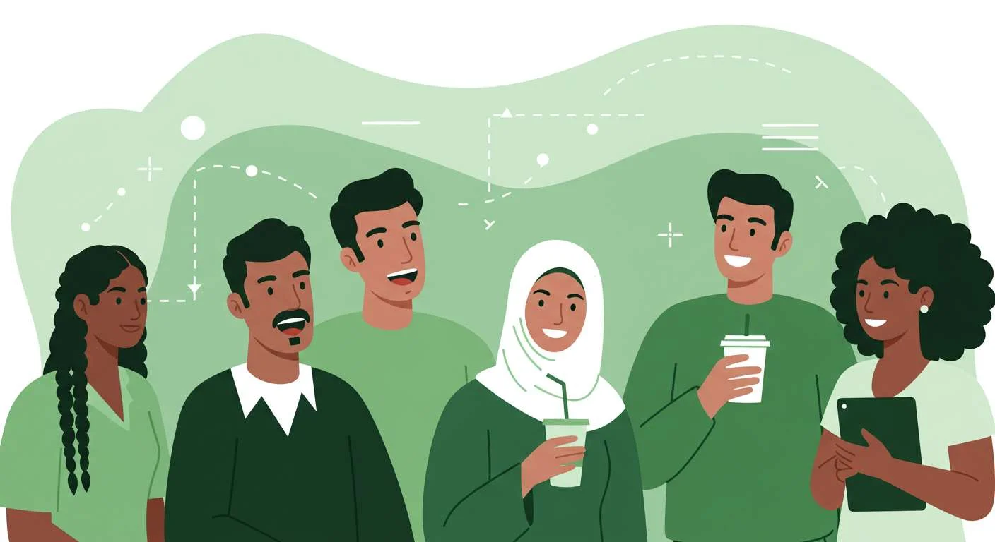 Illustration of a diverse group of individuals connecting on search fund community platforms, fostering networking and collaboration.