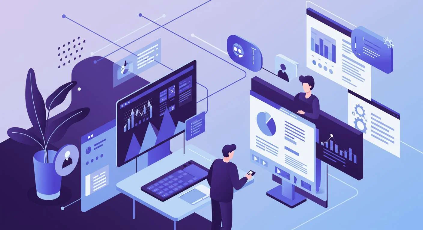 Professionals utilizing search fund data and research tools for search analysis, interacting with complex dashboards and financial charts on multiple screens.