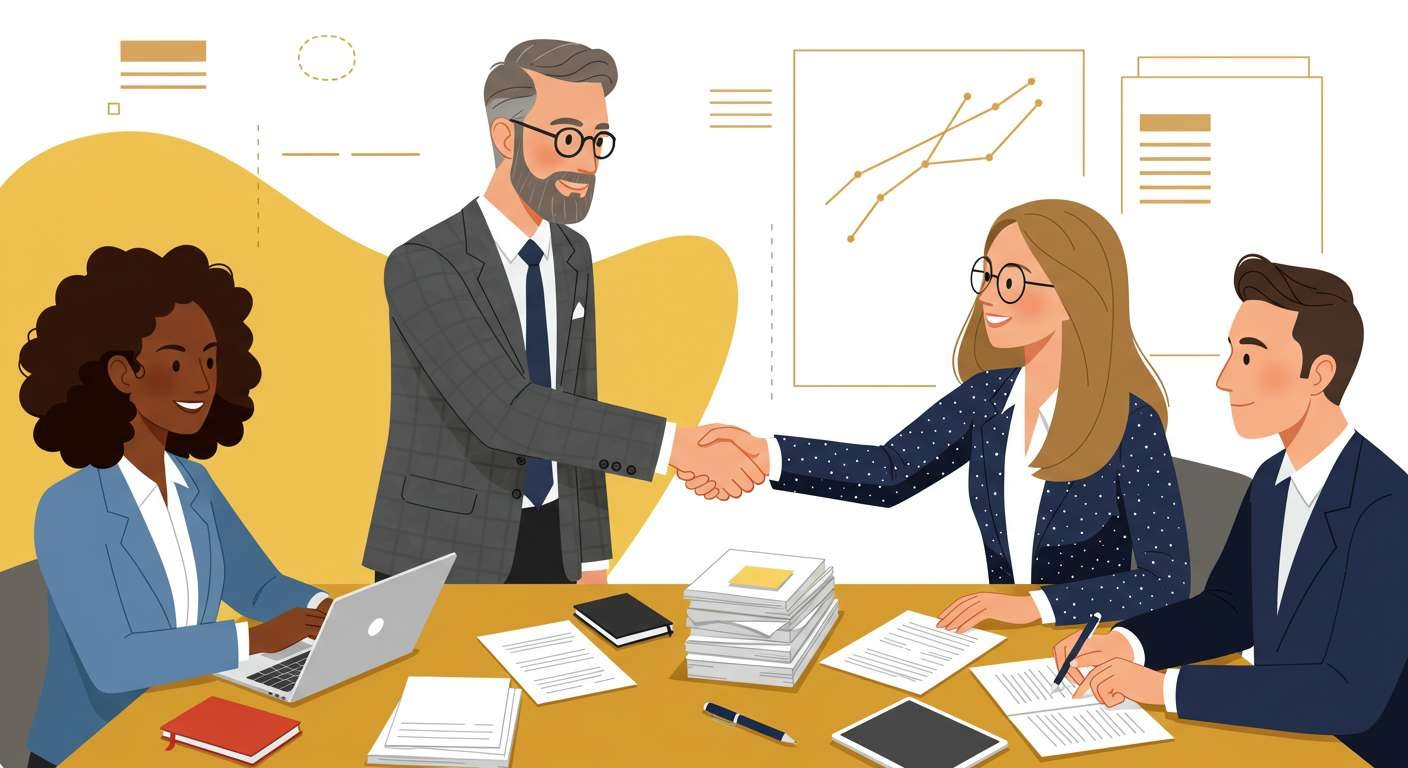 Business professionals at a meeting for search fund deal sourcing, with a handshake sealing an agreement, surrounded by documents and a growth chart.