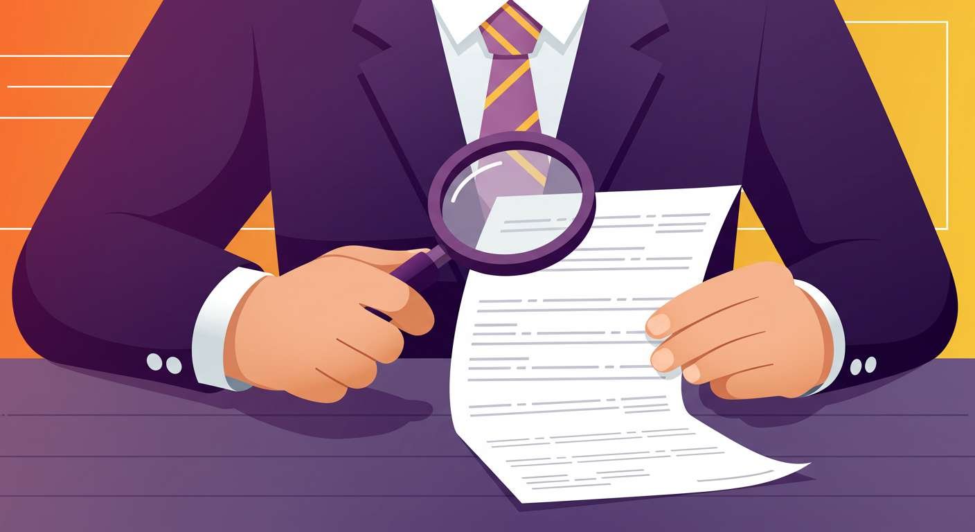 Businessman in a suit uses a magnifying glass for a search fund due diligence, carefully examining a document representing thorough investigation.