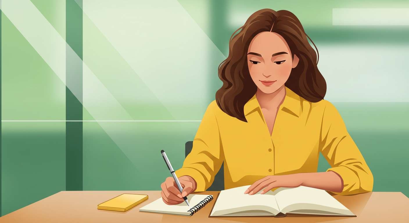 Woman engaging with search fund educational content, writing in a notebook at a desk with a smartphone nearby.