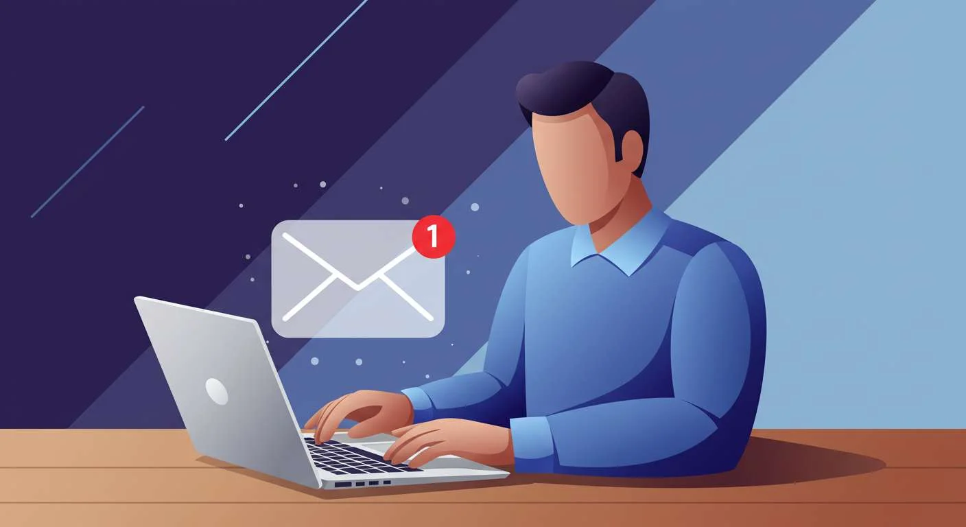 Man using email tools on a laptop for search fund communication, with a new message notification icon displayed.