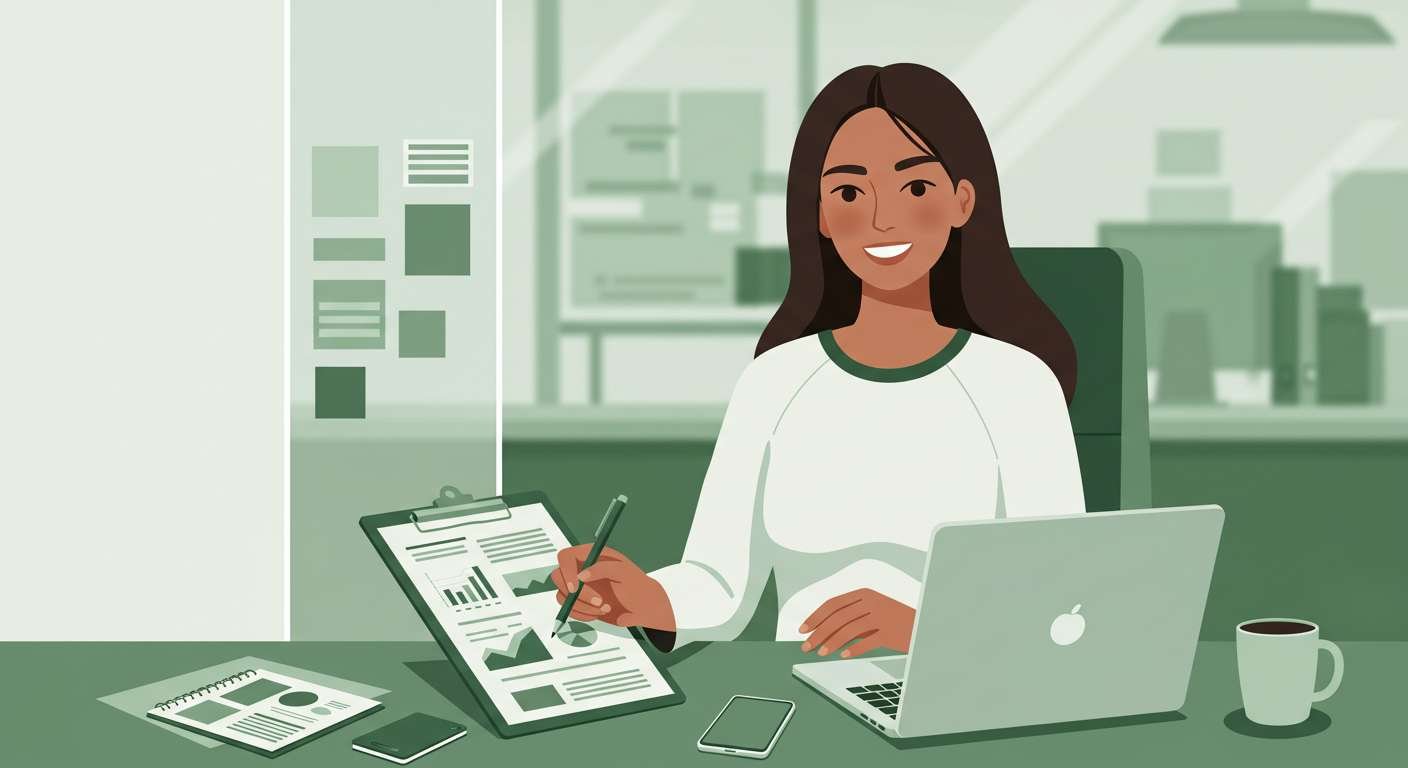 Search fund intern, who appears to be a young woman, working diligently at a desk with a laptop, clipboard showing charts, smartphone, and coffee, gaining valuable experience.