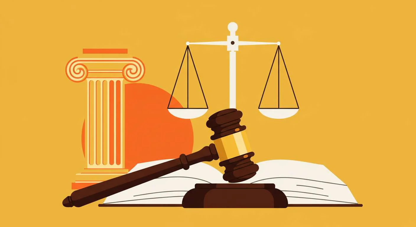 Gavel, scales of justice, and an ionic column on an open book, symbolizing essential search fund legal services.