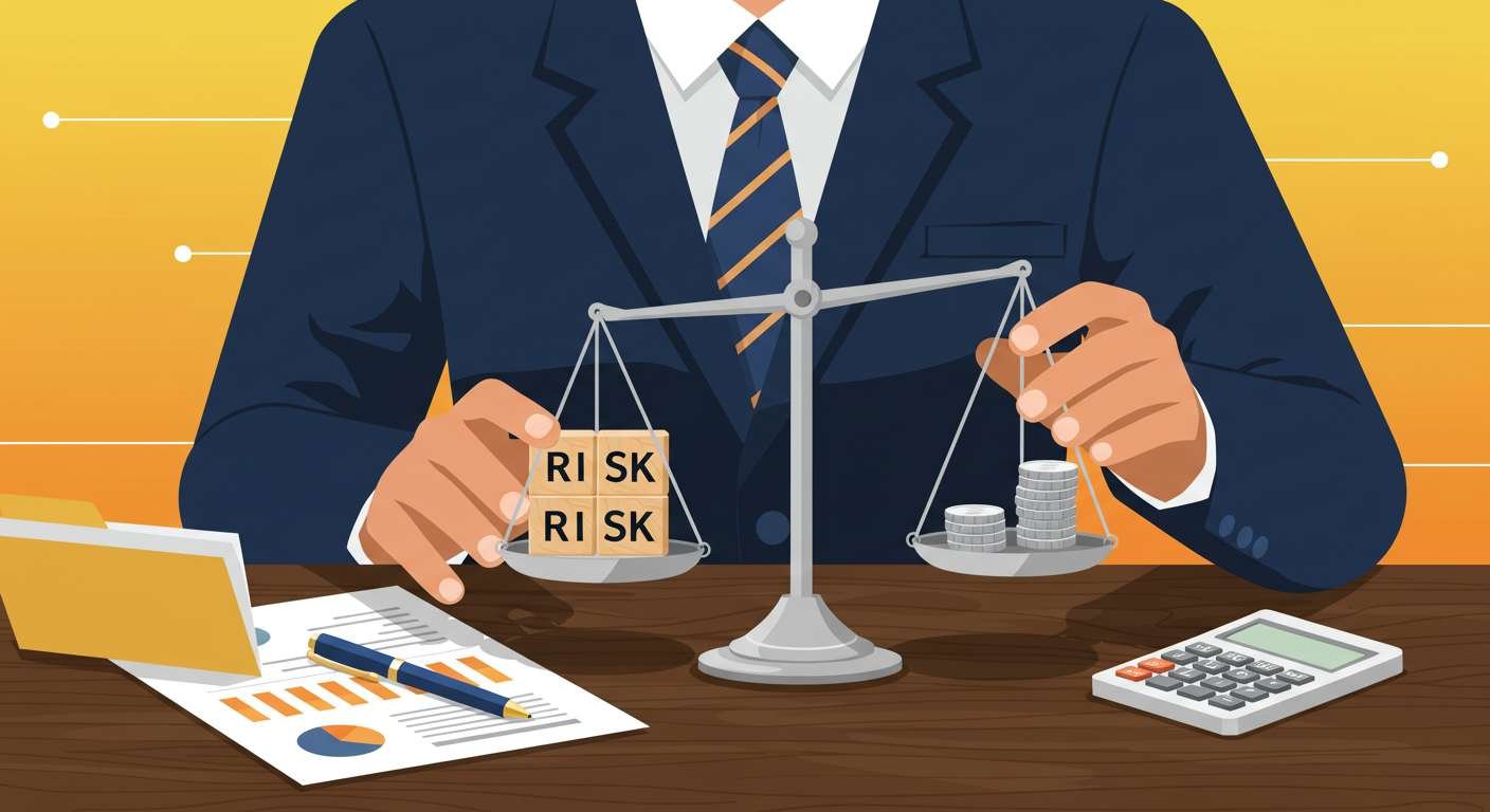 Businessman balancing risk blocks and stacks of coins on a scale, representing search fund lenders' services and financial assessment for a search fund, with calculator and documents.
