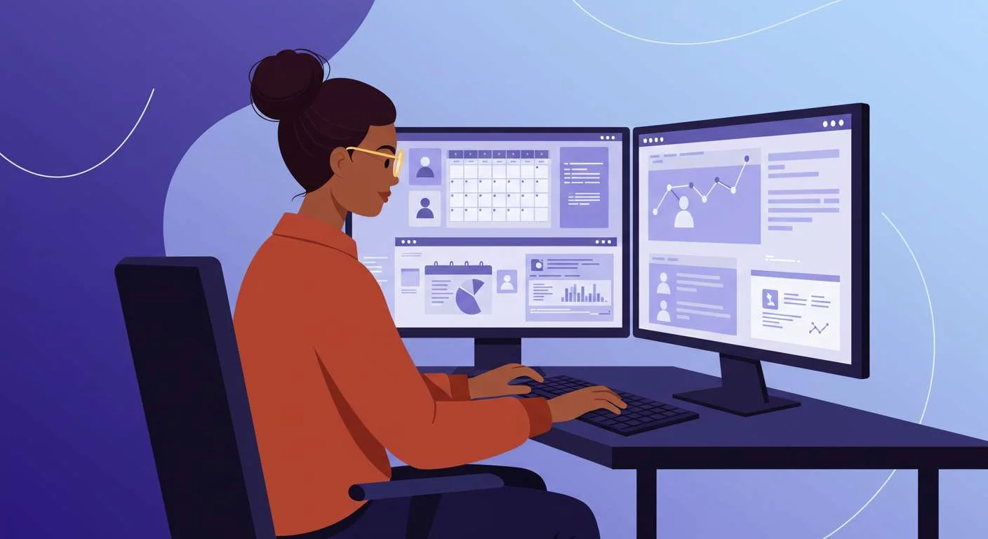 Woman utilizing search fund productivity tools on a dual-monitor setup, displaying calendars, charts, and data dashboards.