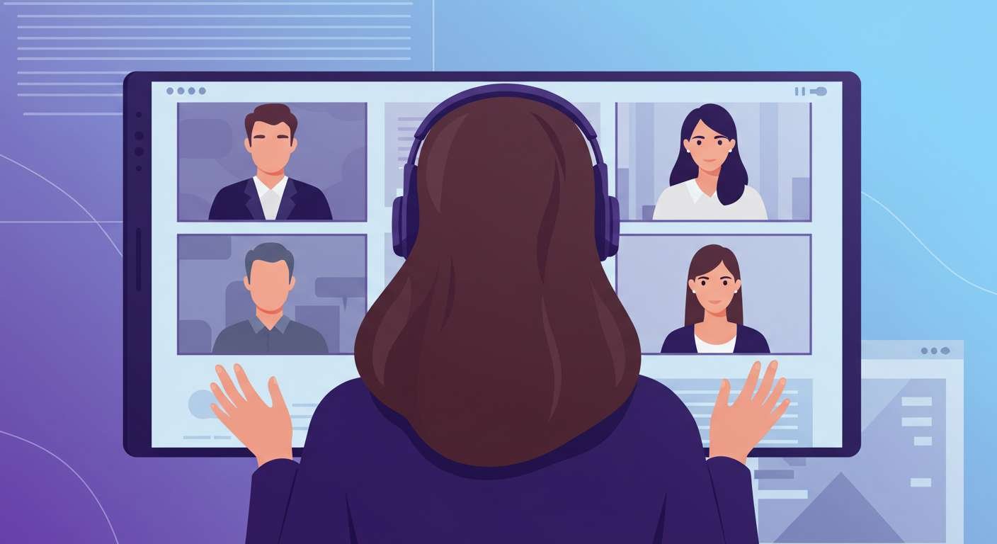 Person participating in a search fund meeting using video conferencing tools, showing multiple attendees on a large screen display.
