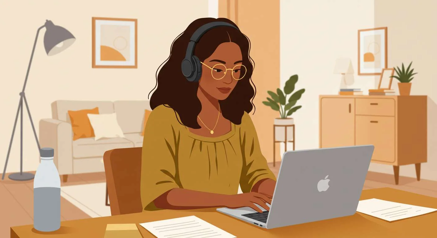 Search fund virtual assistant working on a laptop with headphones in a home office, providing support for a searcher.