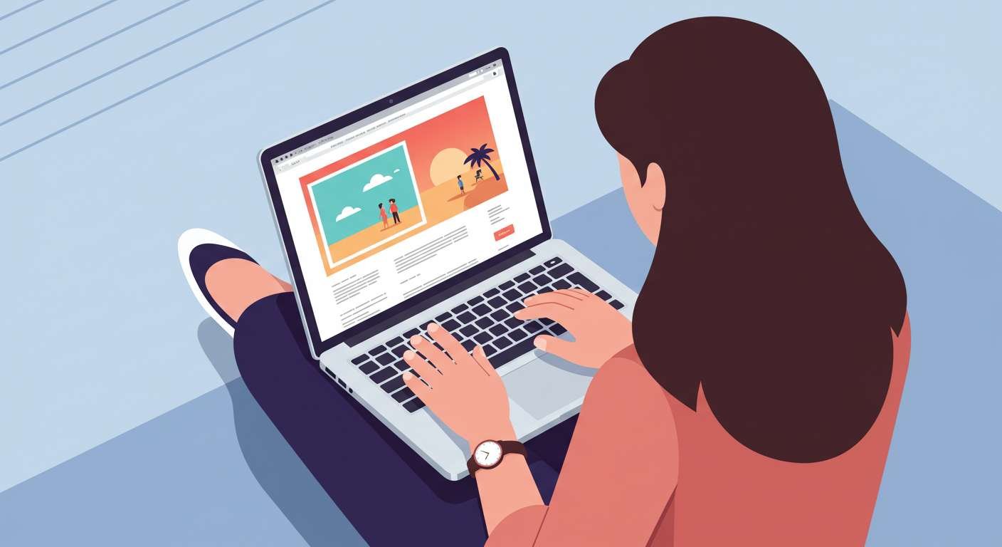 Person using a laptop with a website builder interface to create an online presence for a search fund, showing a travel-themed template.