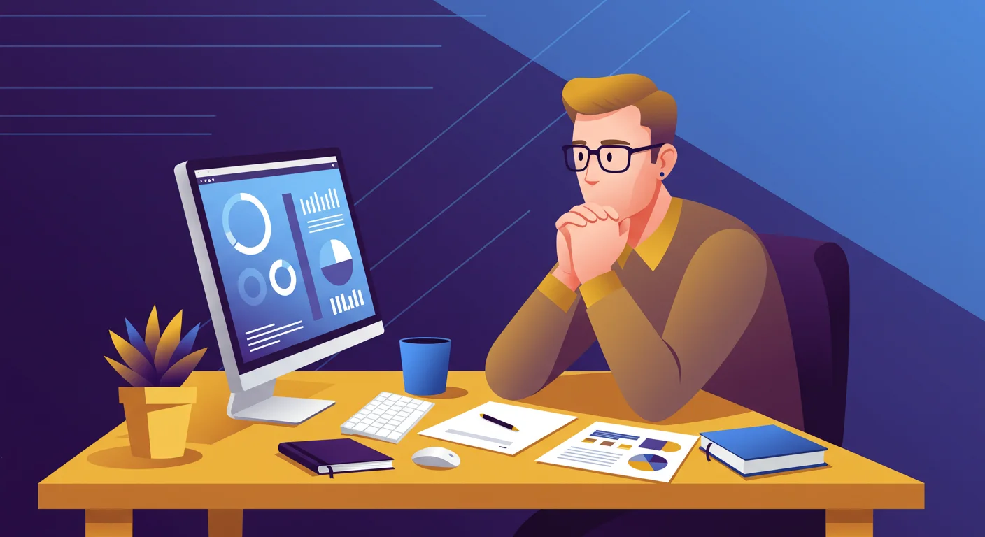 A searcher looking at the search fund pitch deck he made in his computer while sitting on a chair by the table, developed by Searcher Insights