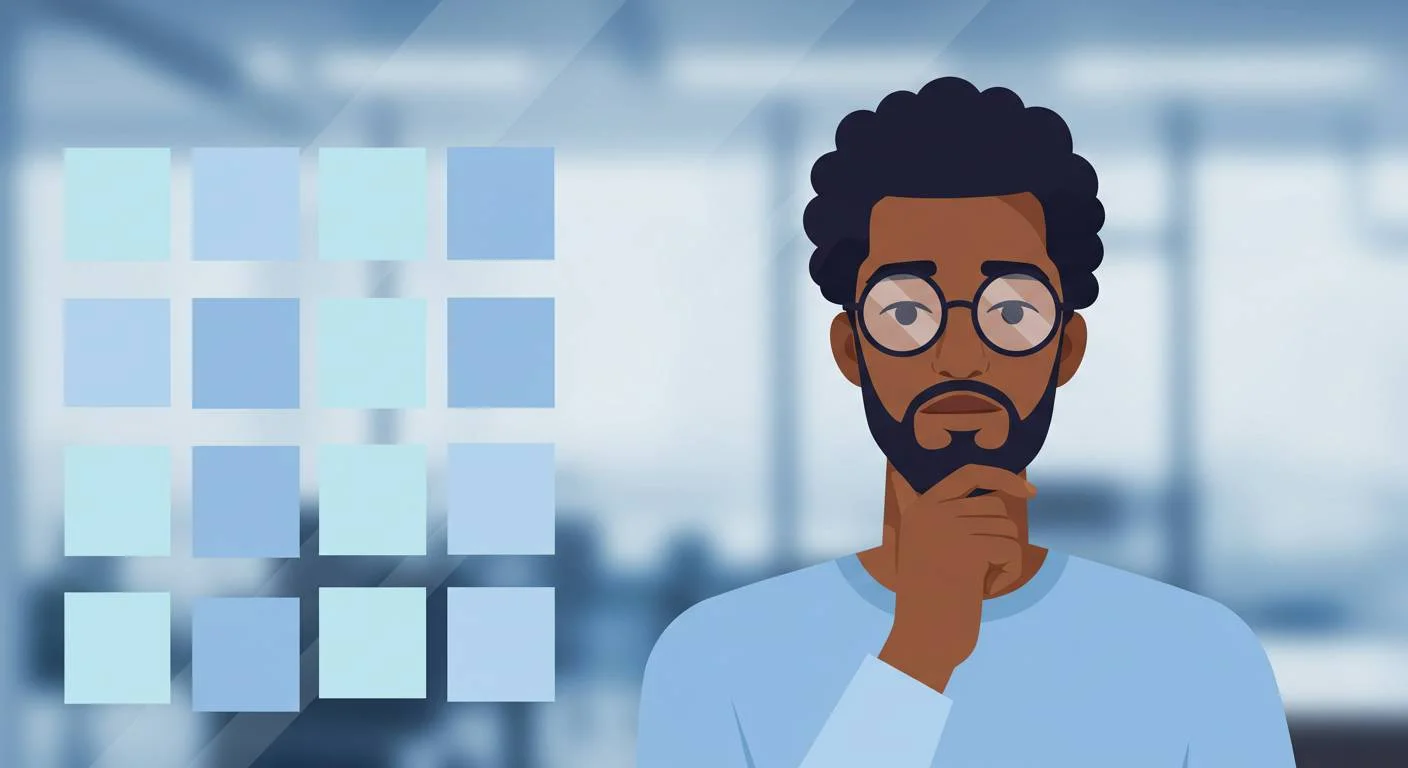 A search fund entrepreneur thinking of his next moves, beside a transparent glass filled by sticky notes
